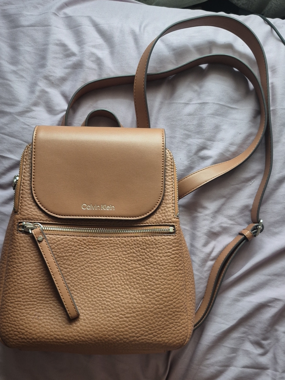 Calvin Klein Mini Tan Pebbled Leather Backpack Crossbody - (Repaired Strap)